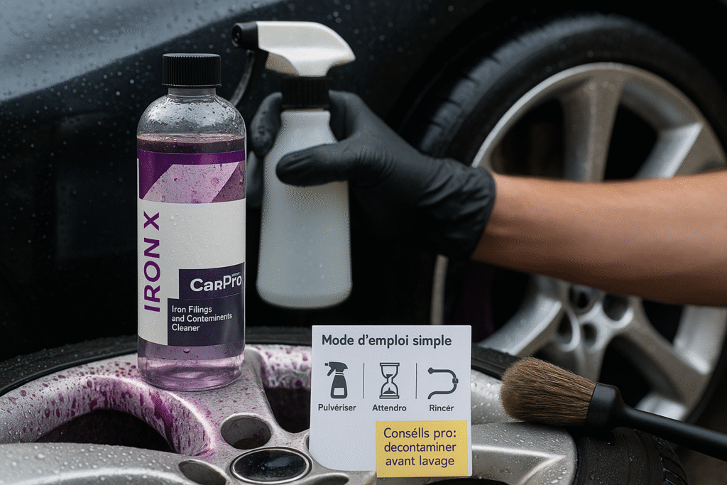 iron x carpro, le décontaminant ferreux de référence pour carrosserie et jantes. Dissout les particules ferriques sans endommager les protections, prépare un lavage extérieur sans rayures et prolonge la brillance. Conseils pro et mode d’emploi simple.