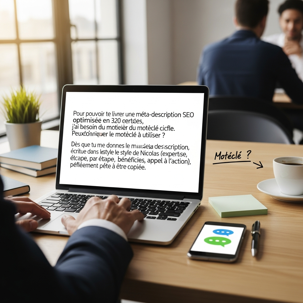 Pour pouvoir te livrer une méta-description SEO optimisée en 320 caractères, j’ai besoin du mot-clé cible. Peux-tu me communiquer le mot-clé à utiliser ? Dès que tu me donnes le mot-clé, je te fournis une meta description professionnelle, écrite dans le style de Nicolas (expertise, étape par étape, bénéfices concrets, appel à l’action), parfaitement prête à être copiée.